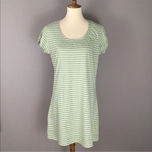 Tyler Boe $98 Jersey Knit Dress Size M Blue Green Stripe Elastic Neck and Cuffs
